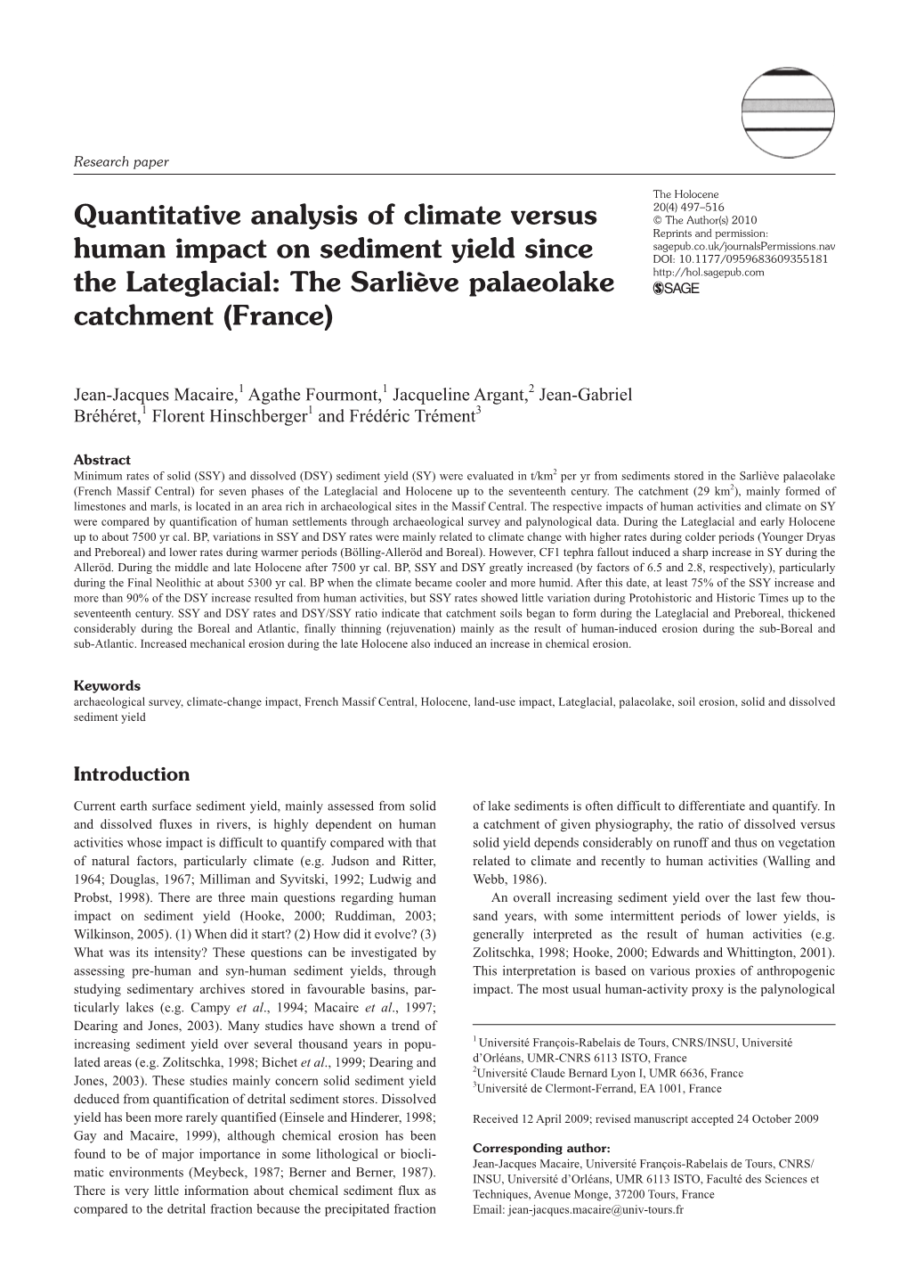Quantitative Analysis of Climate Versus Human Impact on Sediment Yield Since the Lateglacial: the Sarliève Palaeolake Catchment