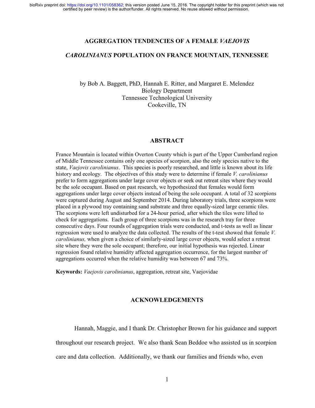 Aggregation Tendencies of a Female Vaejovis Carolinianus Population On