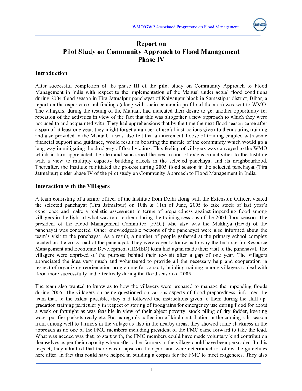 Report on Pilot Study on Community Approach to Flood Management Phase IV