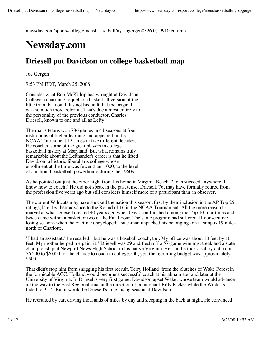 Driesell Put Davidson on College Basketball Map -- Newsday.Com
