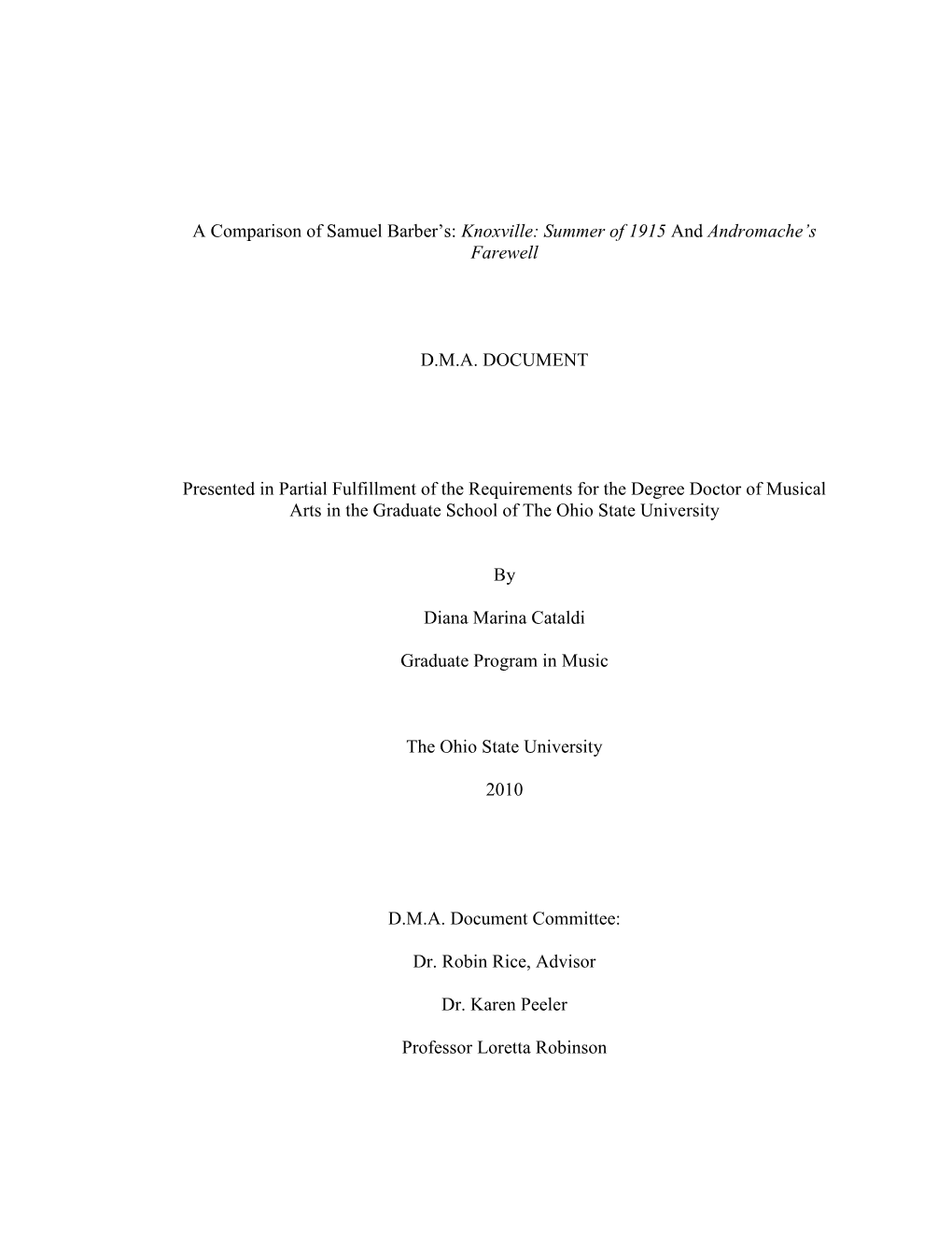 A Comparison of Samuel Barber's Knoxville: Summer of 1915 And