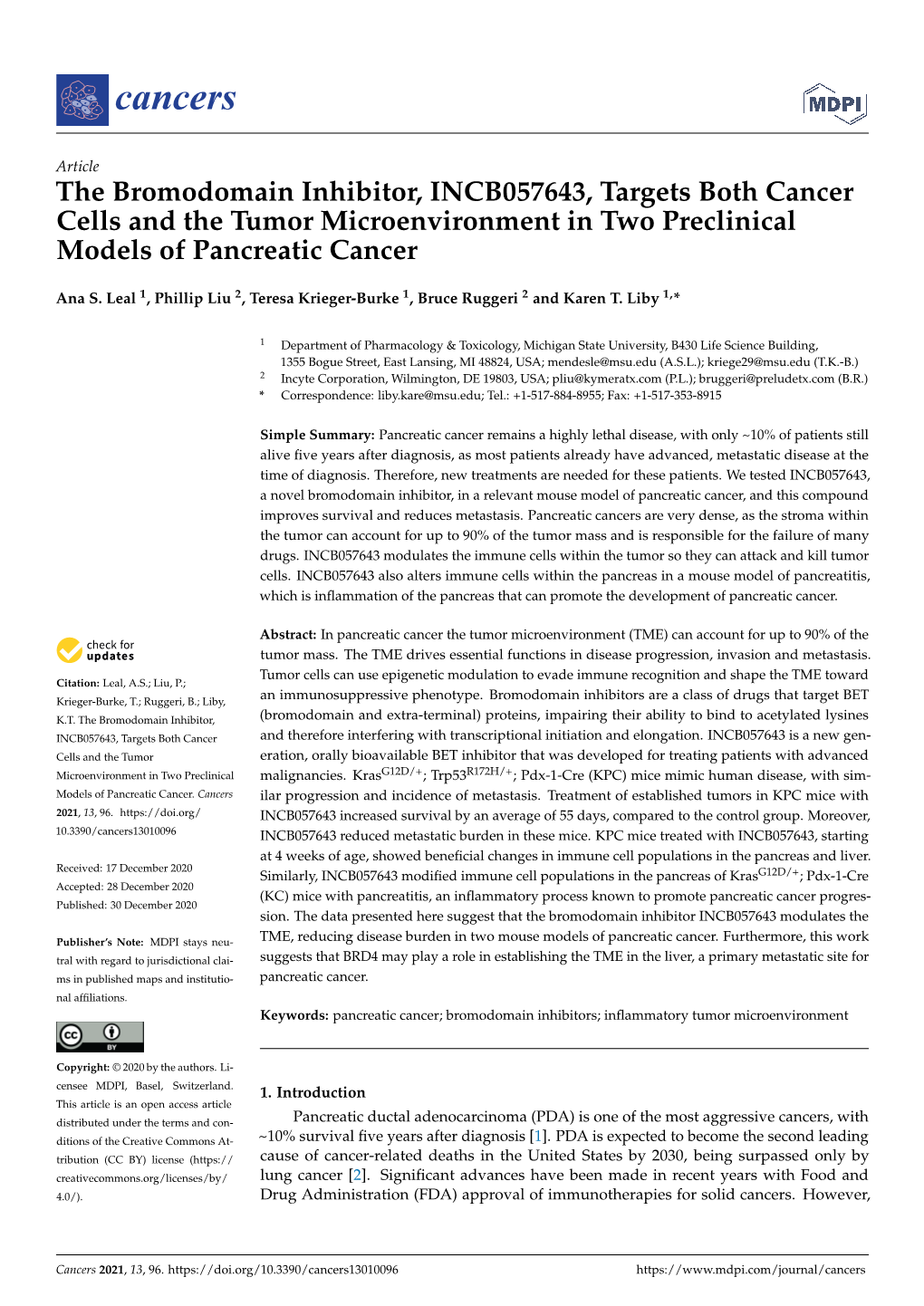 The Bromodomain Inhibitor, INCB057643, Targets Both Cancer Cells and the Tumor Microenvironment in Two Preclinical Models of Pancreatic Cancer