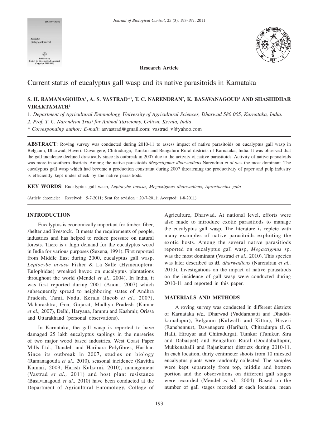 Current Status of Eucalyptus Gall Wasp and Its Native Parasitoids in Karnataka