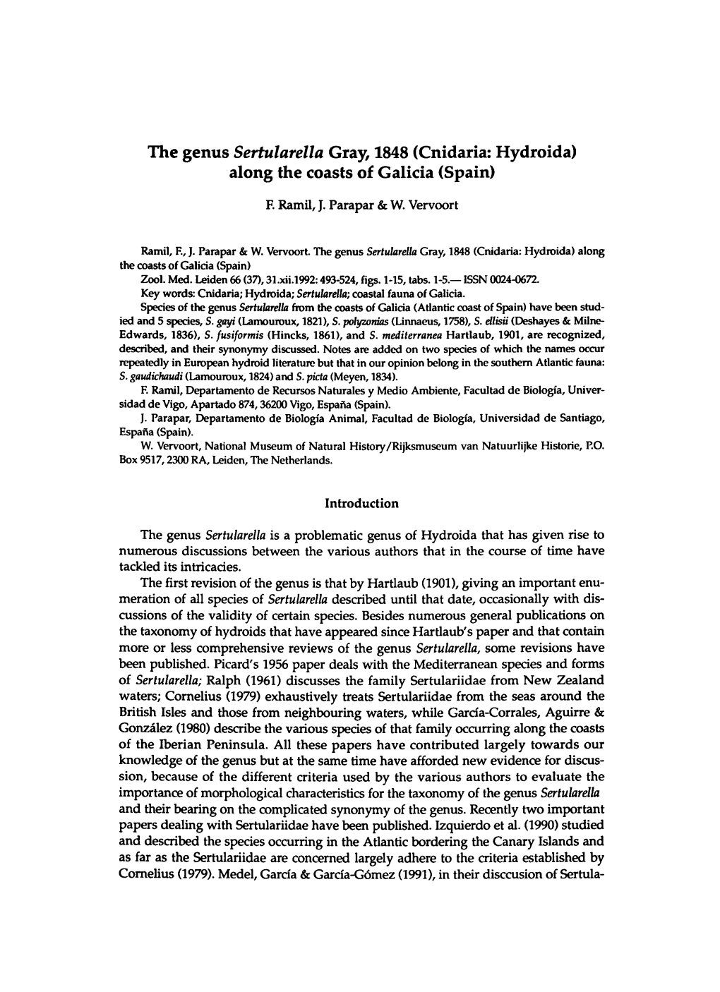 The Genus Sertularella Gray, 1848 (Cnidaria: Hydroida) Along the Coasts of Galicia (Spain)