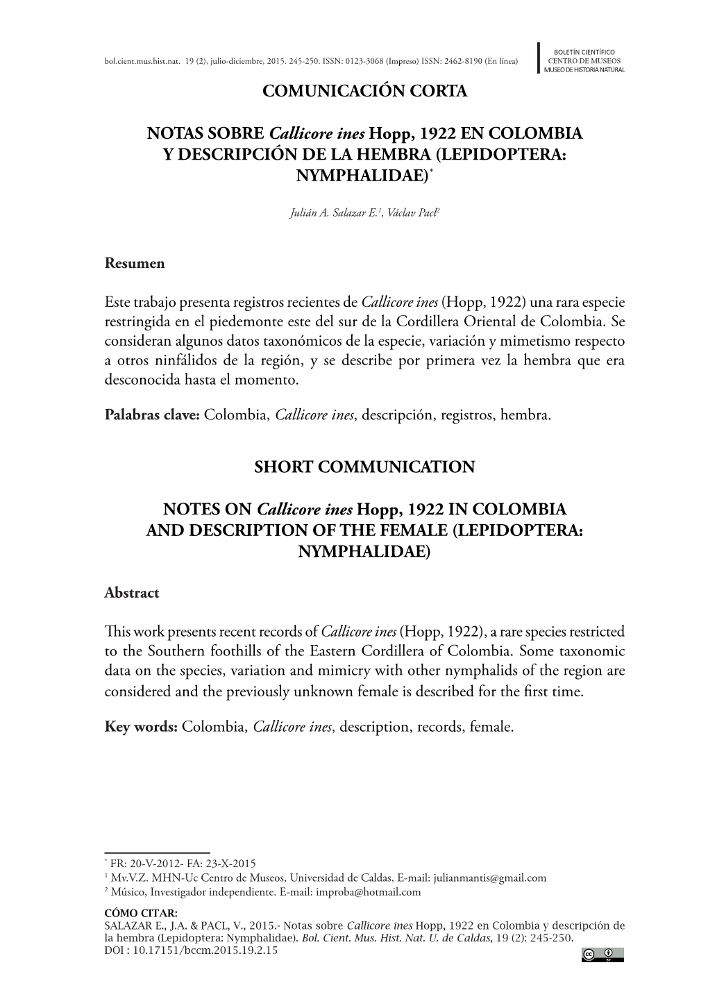 Comunicación Corta Notas Sobre Callicore Ines Hopp, 1922 En