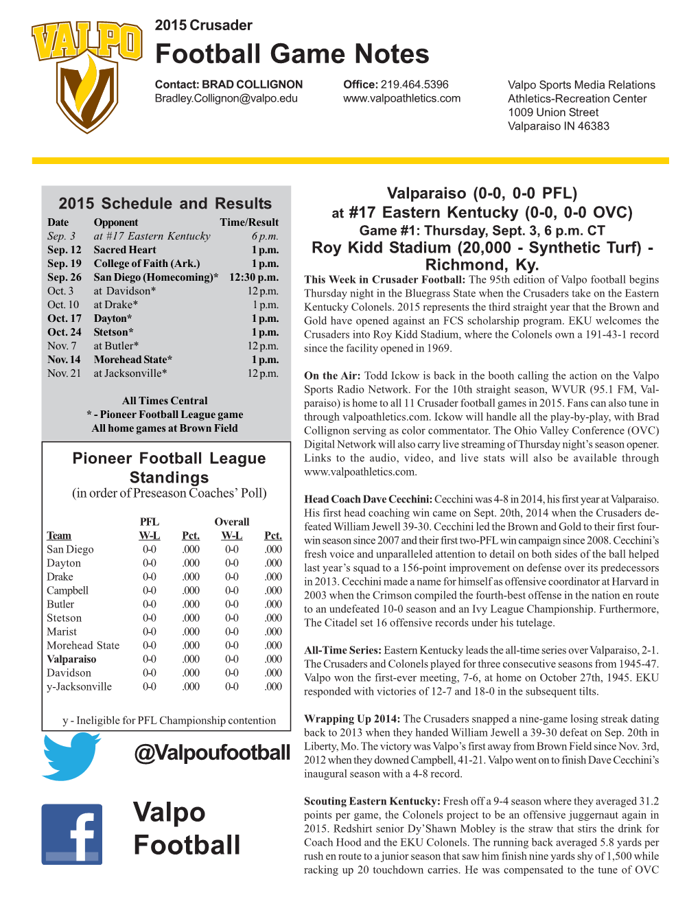 Football Game Notes Valpo Football