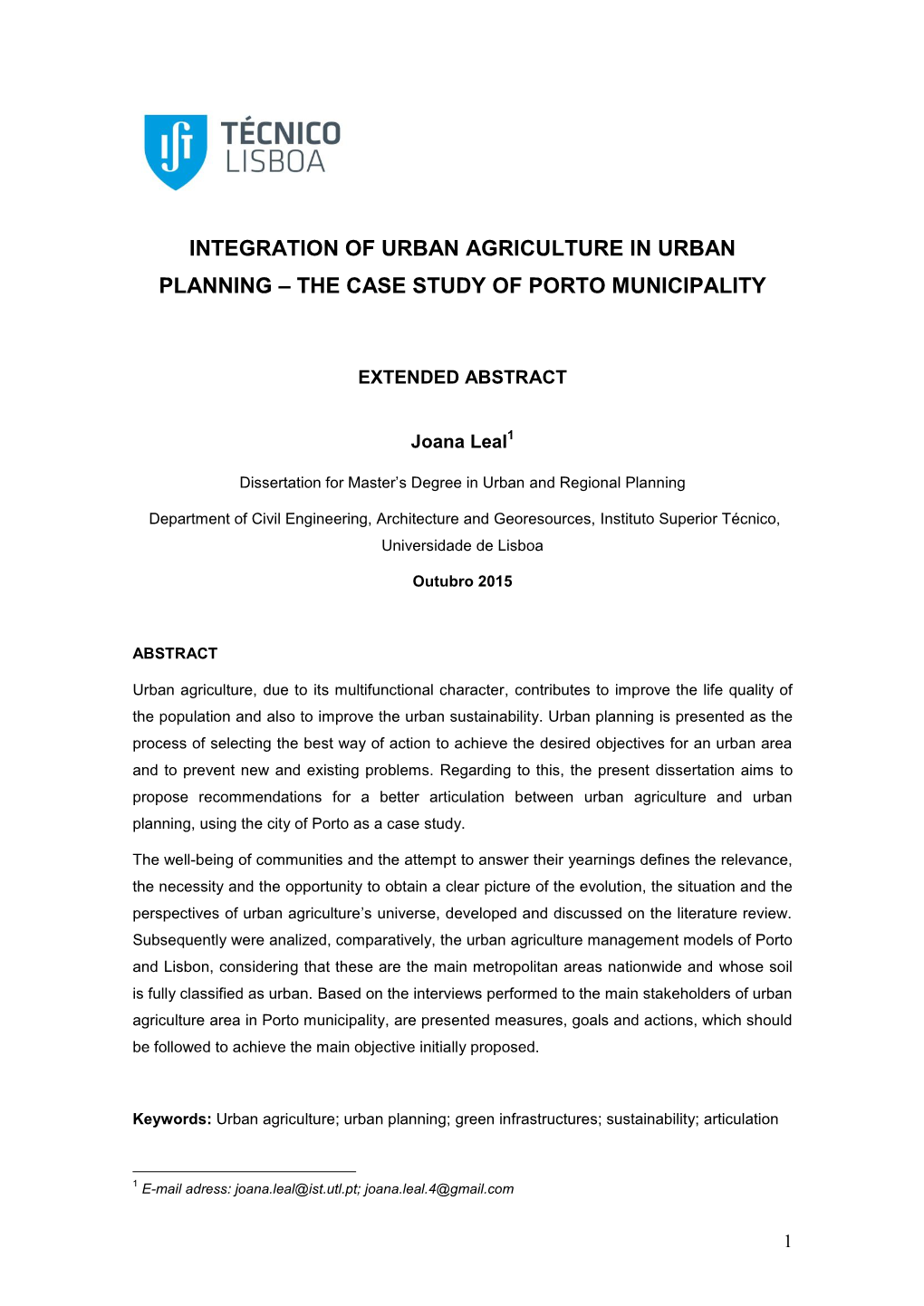 Integration of Urban Agriculture in Urban Planning – the Case Study of Porto Municipality