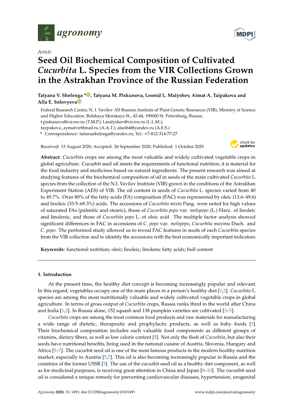 Seed Oil Biochemical Composition of Cultivated Cucurbita L. Species from the VIR Collections Grown in the Astrakhan Province of the Russian Federation