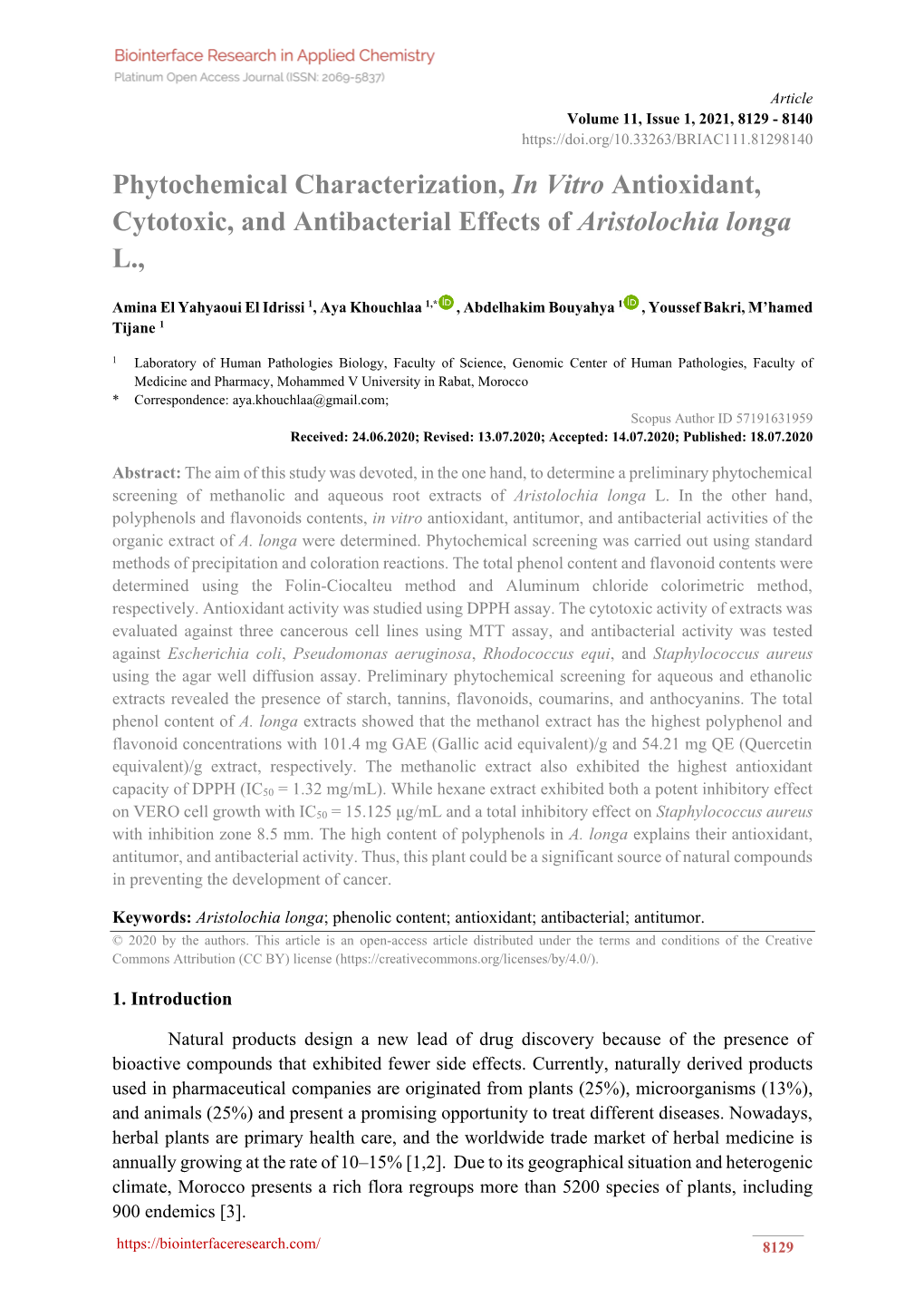 Phytochemical Characterization, in Vitro Antioxidant, Cytotoxic, and Antibacterial Effects of Aristolochia Longa L