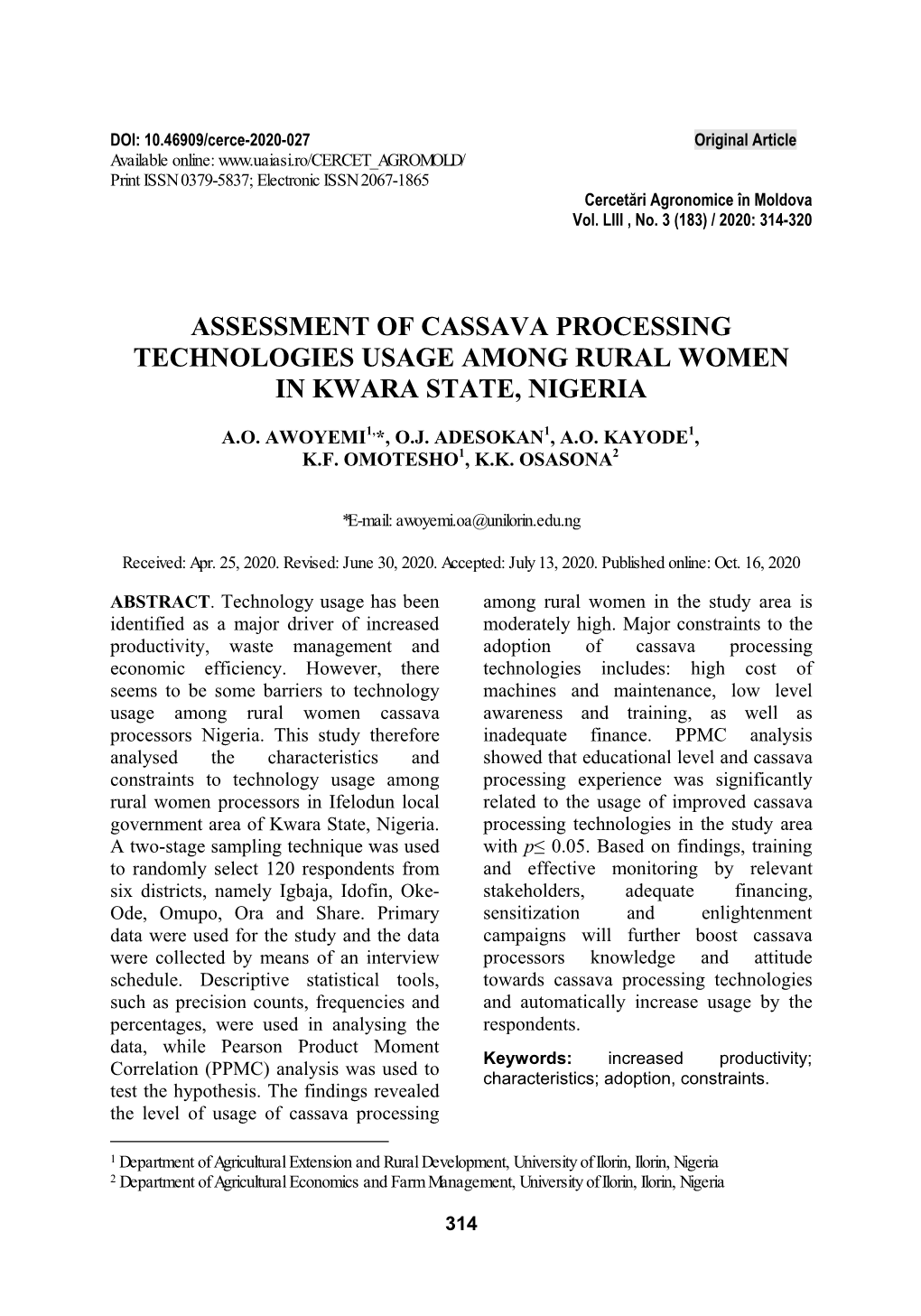 Assessment of Cassava Processing Technologies Usage Among Rural Women in Kwara State, Nigeria