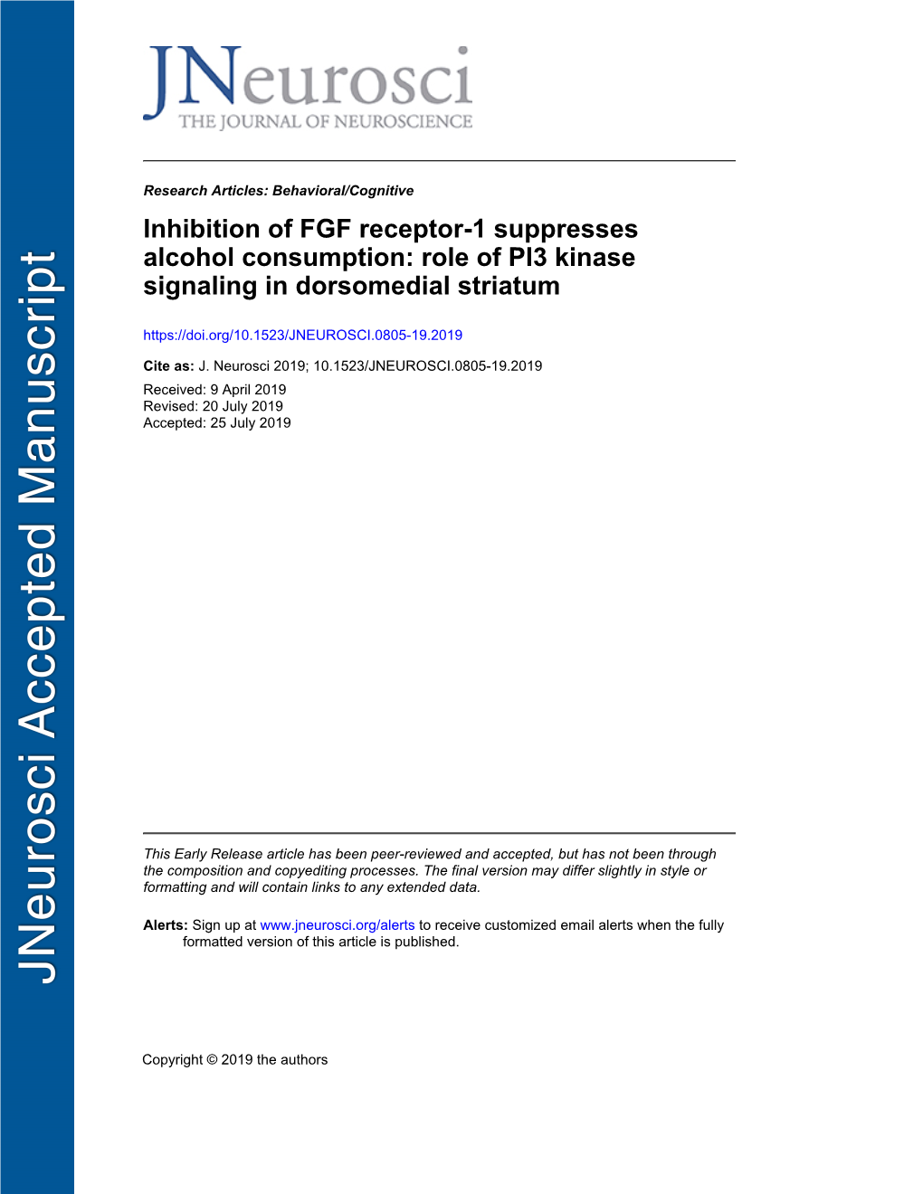 Inhibition of FGF Receptor-1 Suppresses Alcohol Consumption: Role of PI3 Kinase Signaling in Dorsomedial Striatum