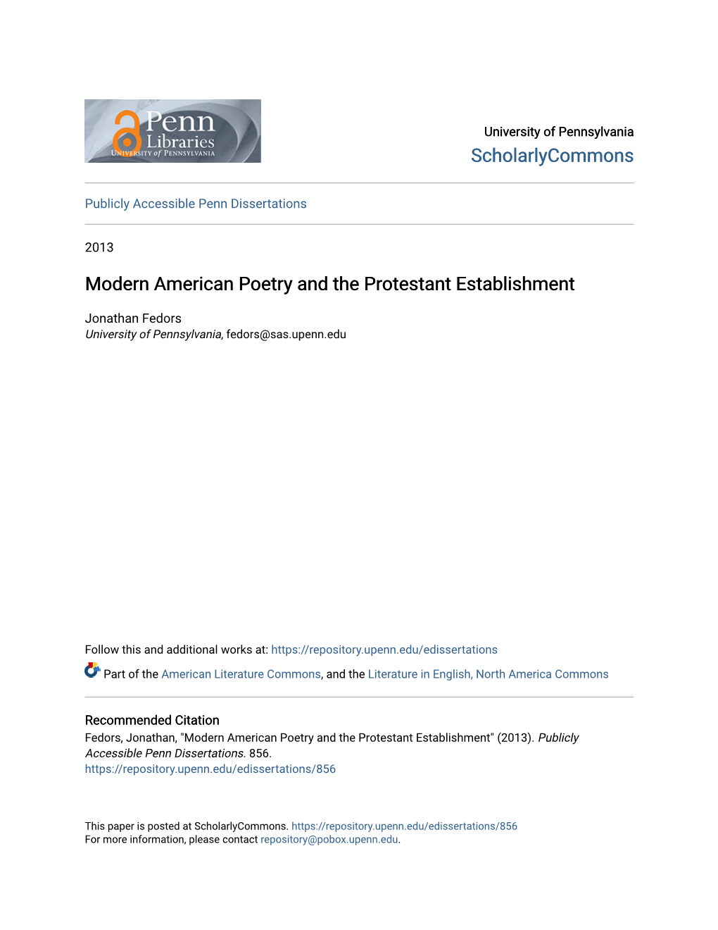 Modern American Poetry and the Protestant Establishment