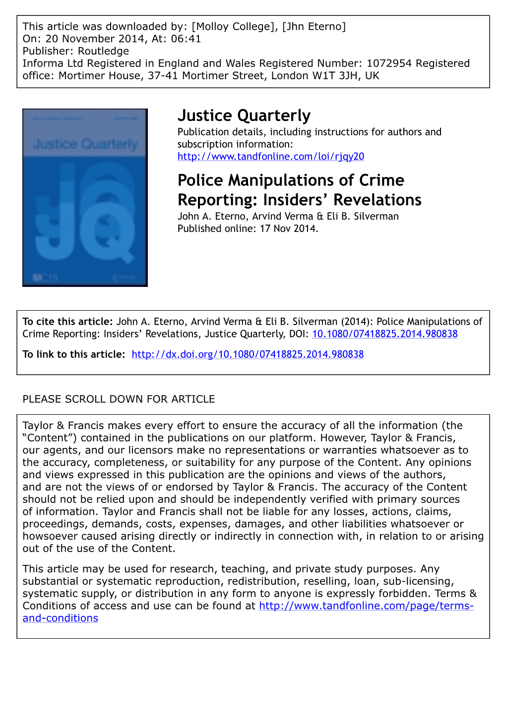Police Manipulations of Crime Reporting: Insiders’ Revelations John A