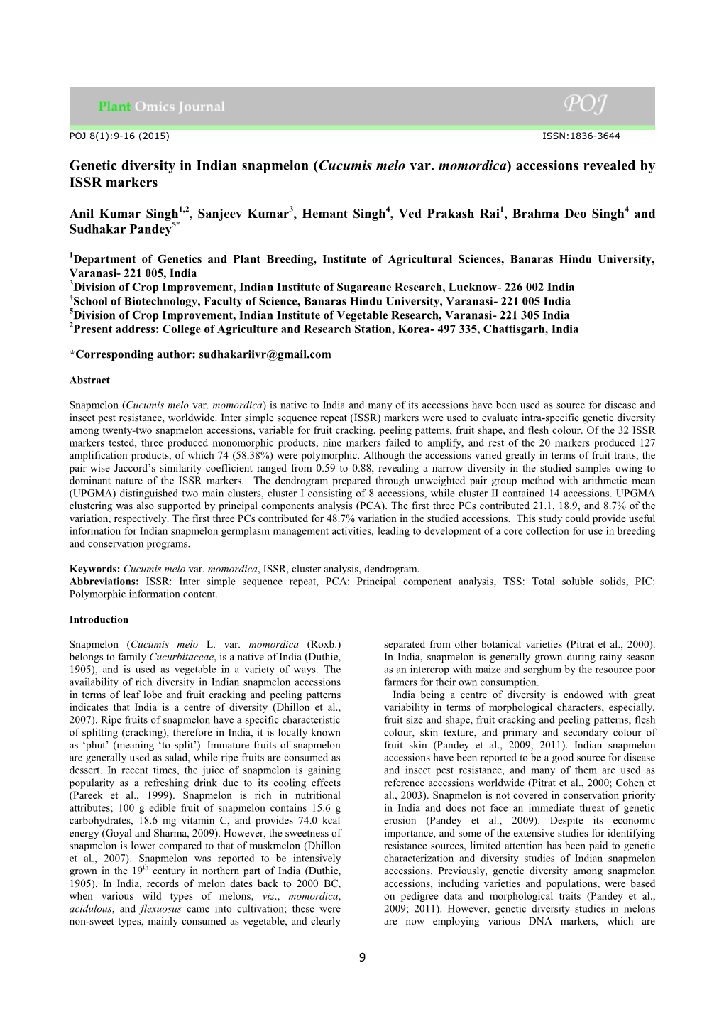 Genetic Diversity in Indian Snapmelon (Cucumis Melo Var. Momordica) Accessions Revealed by ISSR Markers