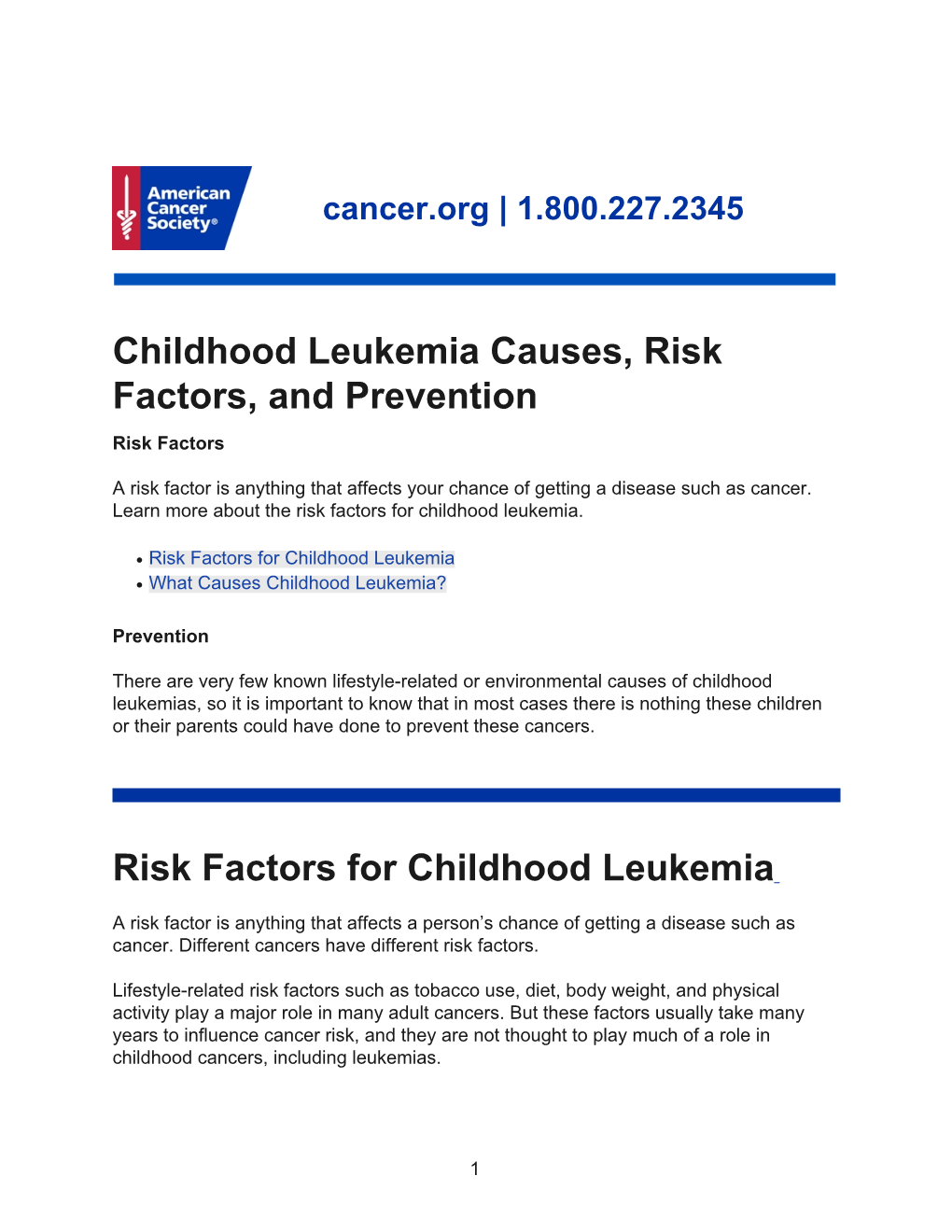 Risk Factors for Childhood Leukemia