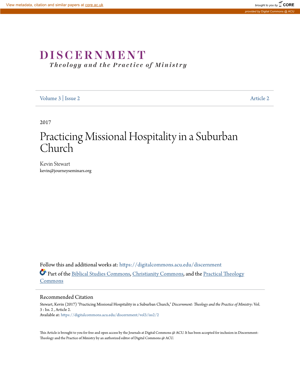 Practicing Missional Hospitality in a Suburban Church Kevin Stewart Kevin@Journeyseminars.Org