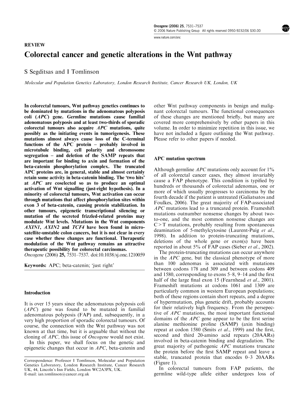 Colorectal Cancer and Genetic Alterations in the Wnt Pathway