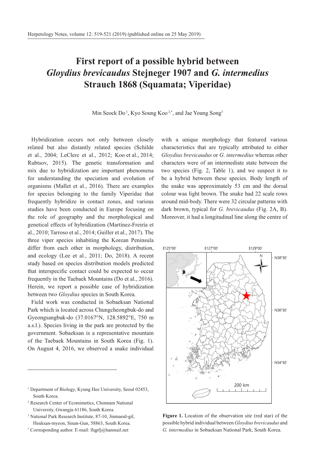 First Report of a Possible Hybrid Between Gloydius Brevicaudus Stejneger 1907 and G