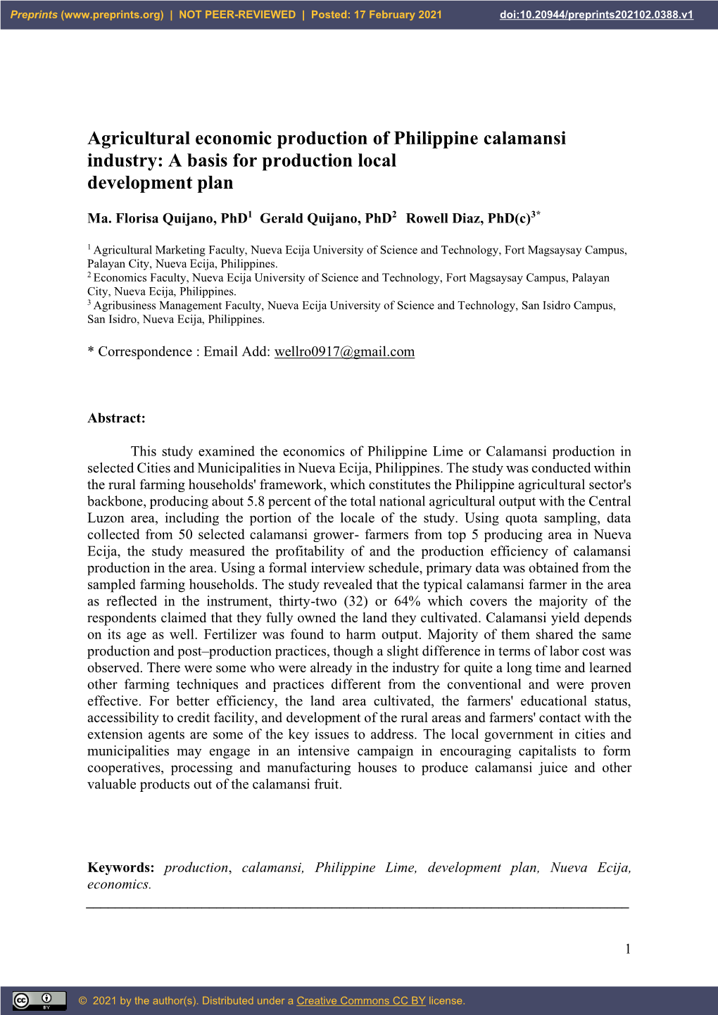 Agricultural Economic Production of Philippine Calamansi Industry: a Basis for Production Local Development Plan