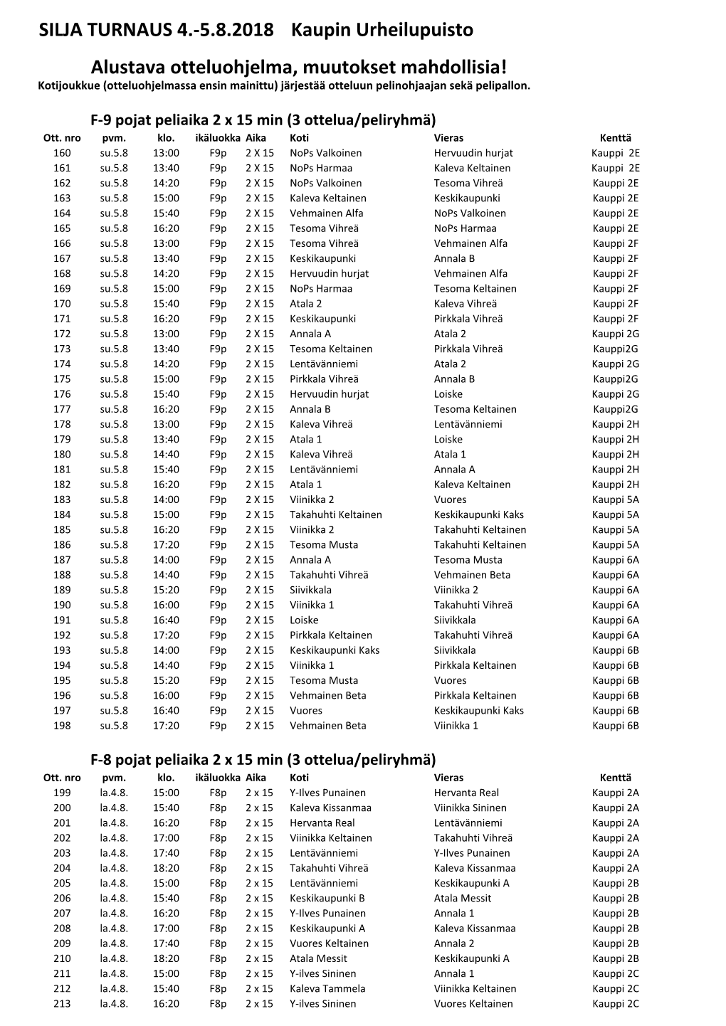 SILJA TURNAUS 4.-5.8.2018 Kaupin Urheilupuisto Alustava