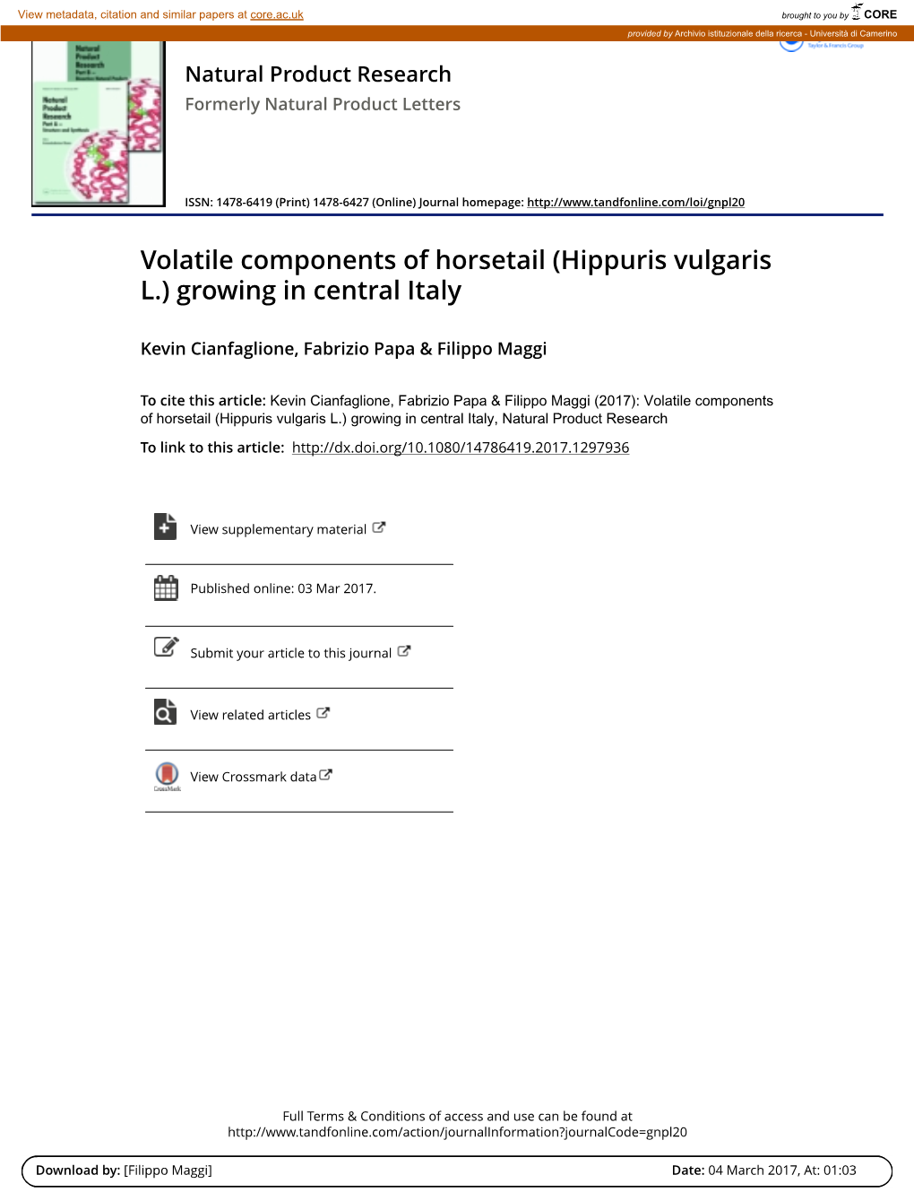 Volatile Components of Horsetail (Hippuris Vulgaris L.) Growing in Central Italy