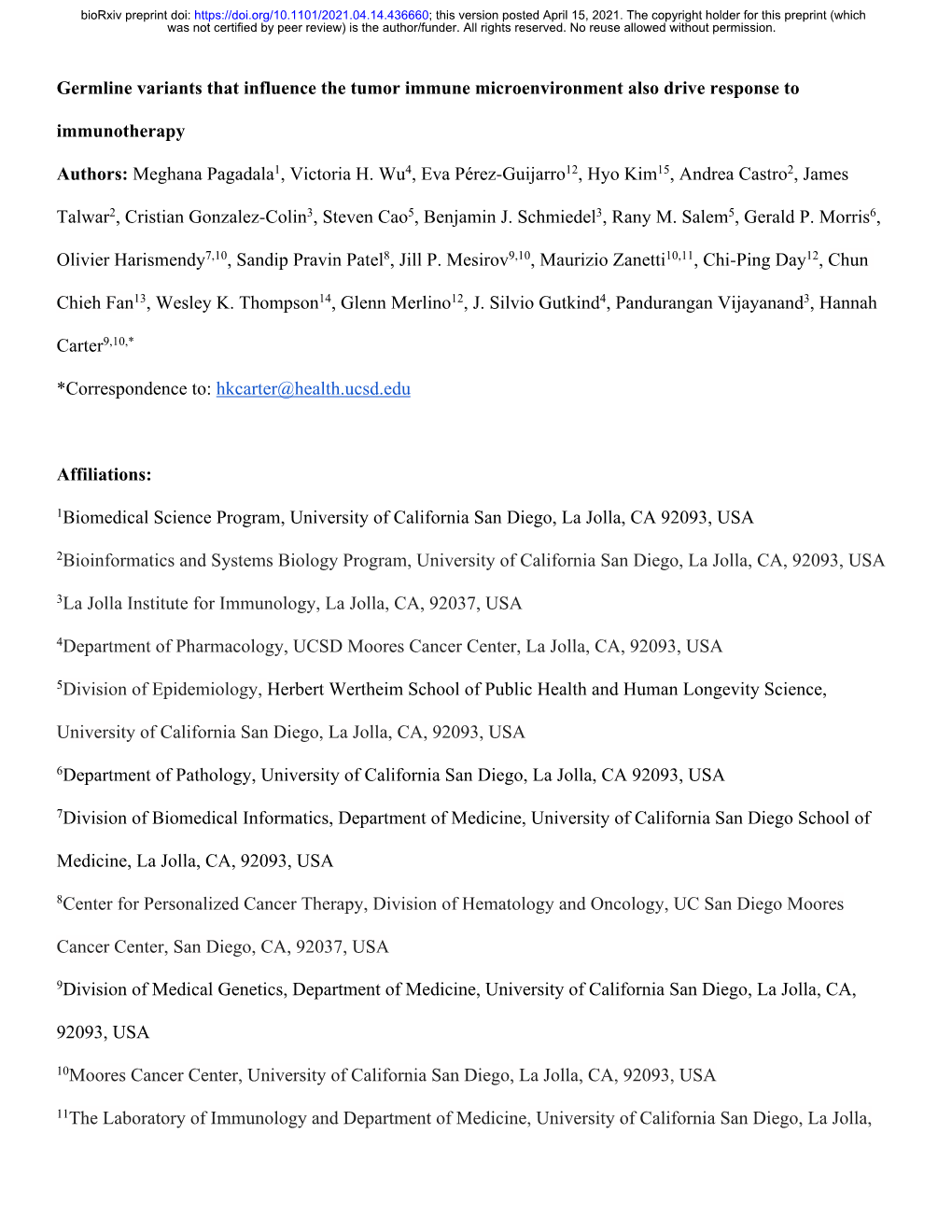 Germline Variants That Influence the Tumor Immune Microenvironment Also Drive Response to Immunotherapy