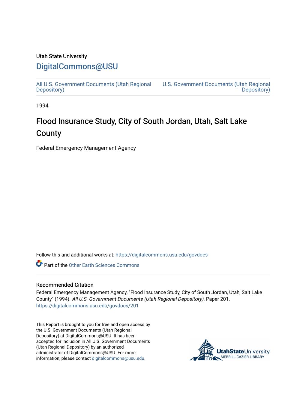 Flood Insurance Study, City of South Jordan, Utah, Salt Lake County