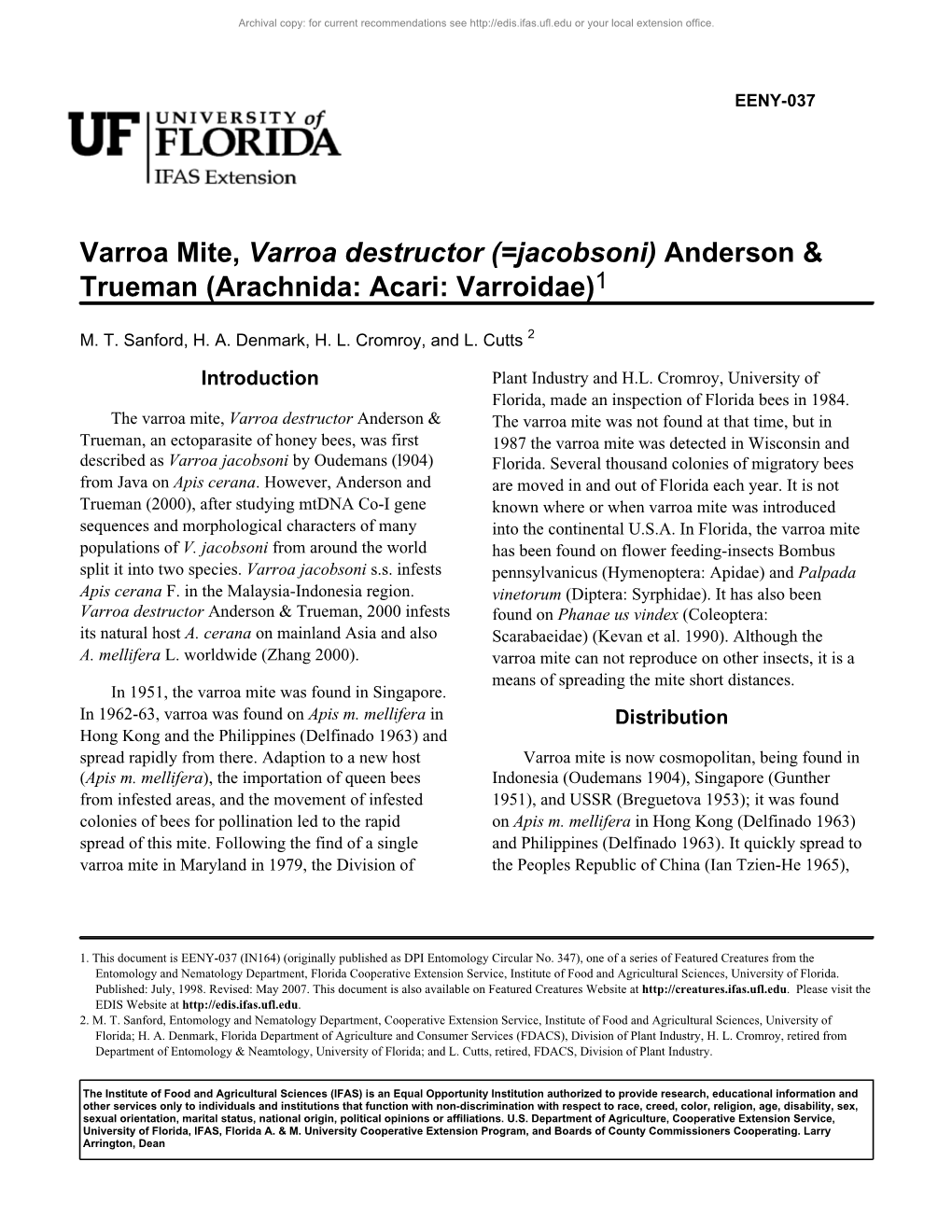 Varroa Mite, Varroa Destructor (=Jacobsoni) Anderson & Trueman