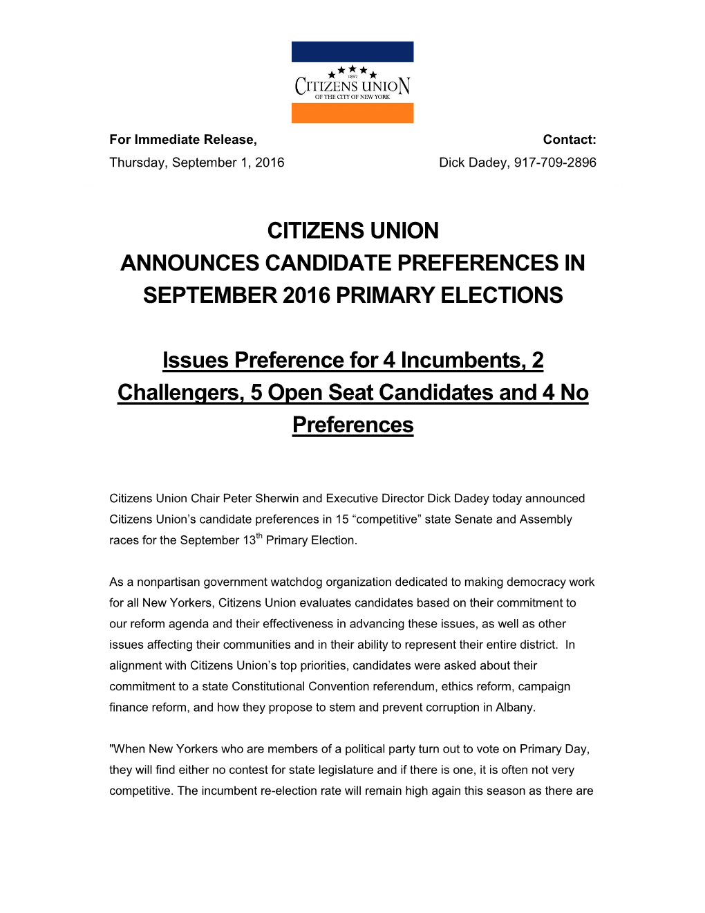 Citizens Union Announces Candidate Preferences in September 2016 Primary Elections