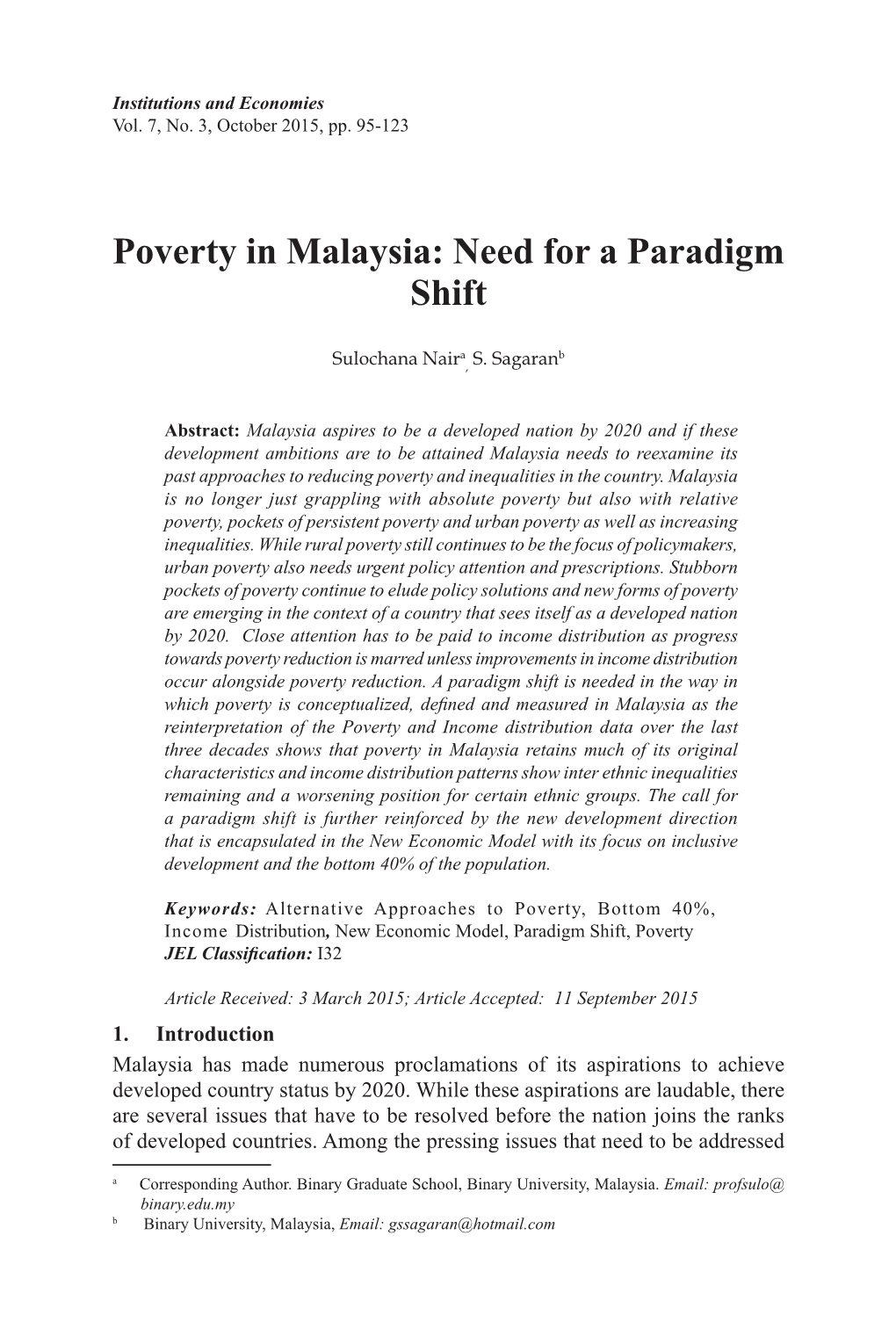 Poverty in Malaysia: Need for a Paradigm Shift