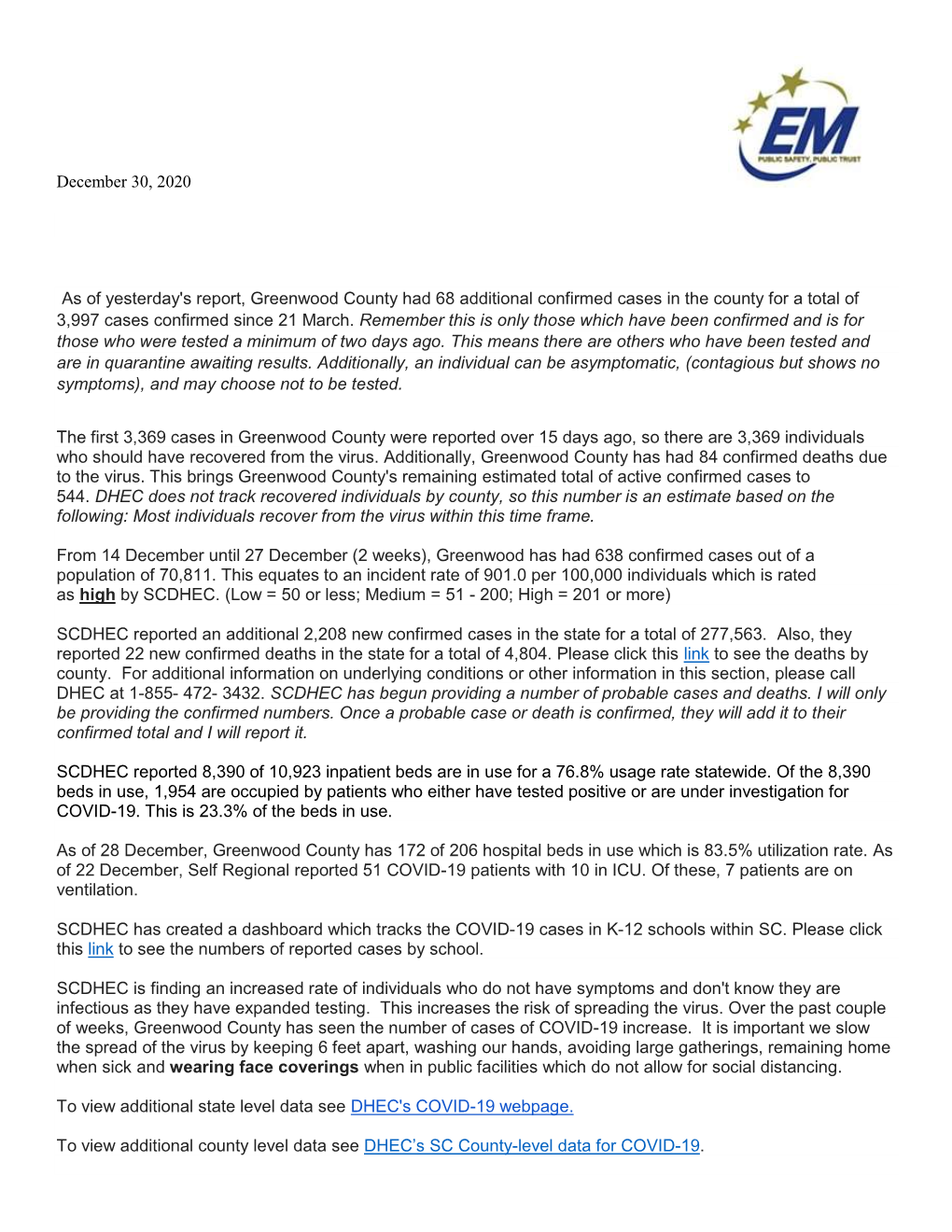 December 30, 2020 As of Yesterday's Report, Greenwood County Had 68 Additional Confirmed Cases in the County for a Total of 3,99