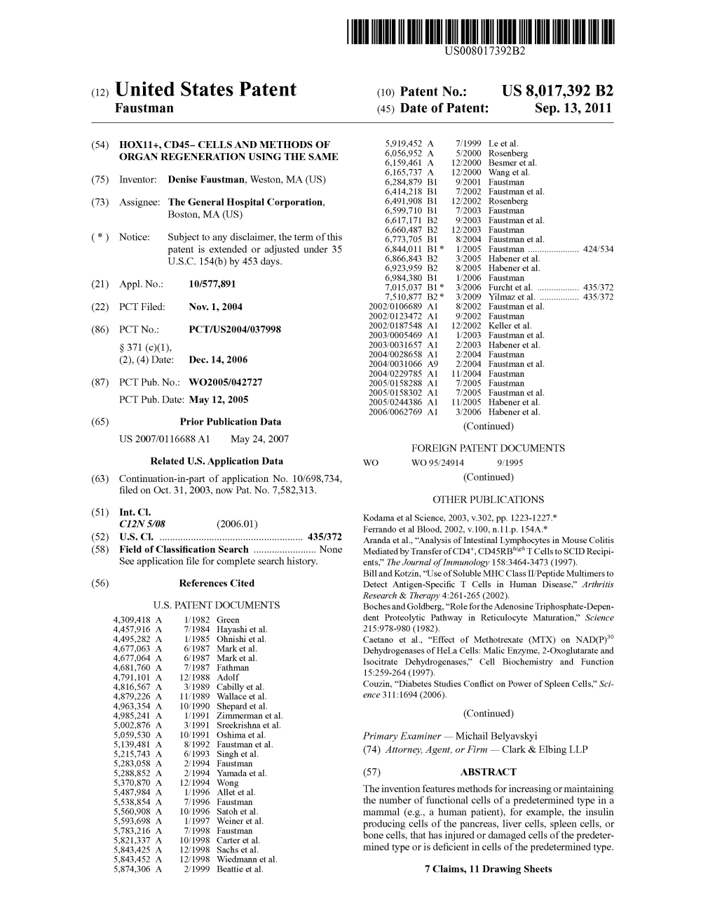 (12) United States Patent (10) Patent No.: US 8,017,392 B2 Faustman (45) Date of Patent: Sep