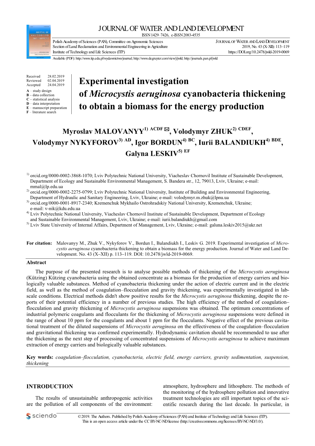 Experimental Investigation of Microcystis Aeruginosa Cyanobacteria Thickening to Obtain a Biomass for the Energy Production 115 Supply