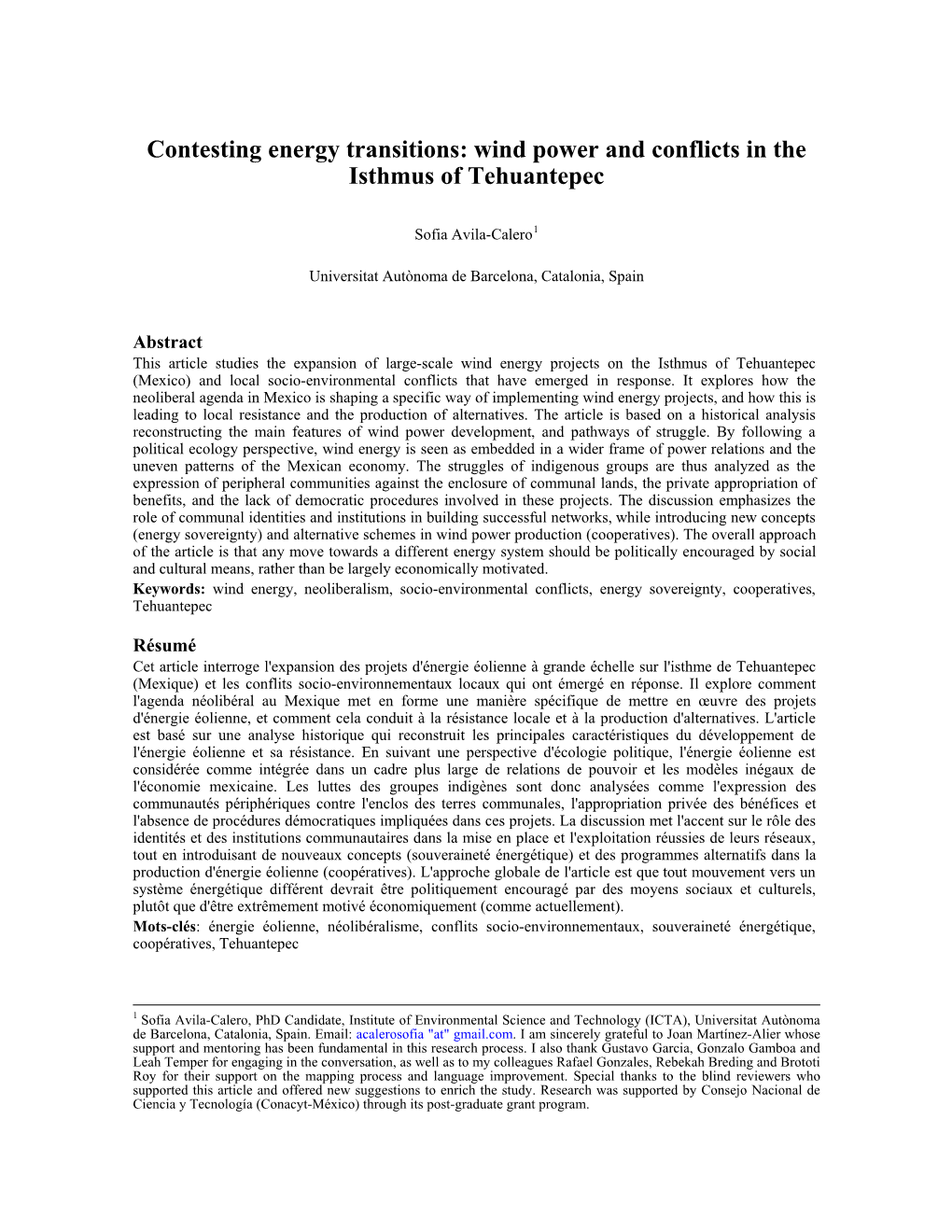 Contesting Energy Transitions: Wind Power and Conflicts in the Isthmus of Tehuantepec