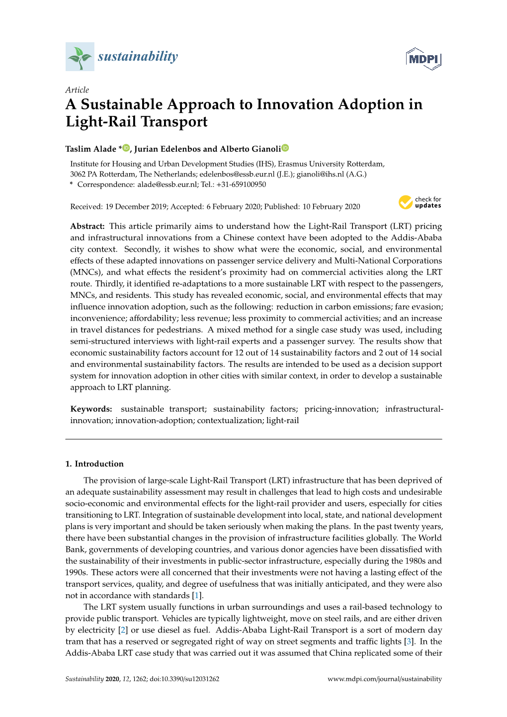 A Sustainable Approach to Innovation Adoption in Light-Rail Transport