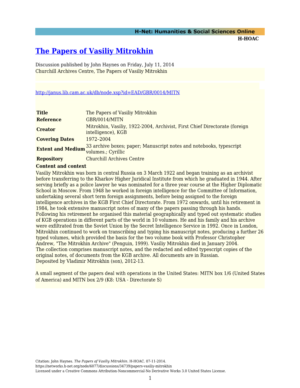 The Papers of Vasiliy Mitrokhin