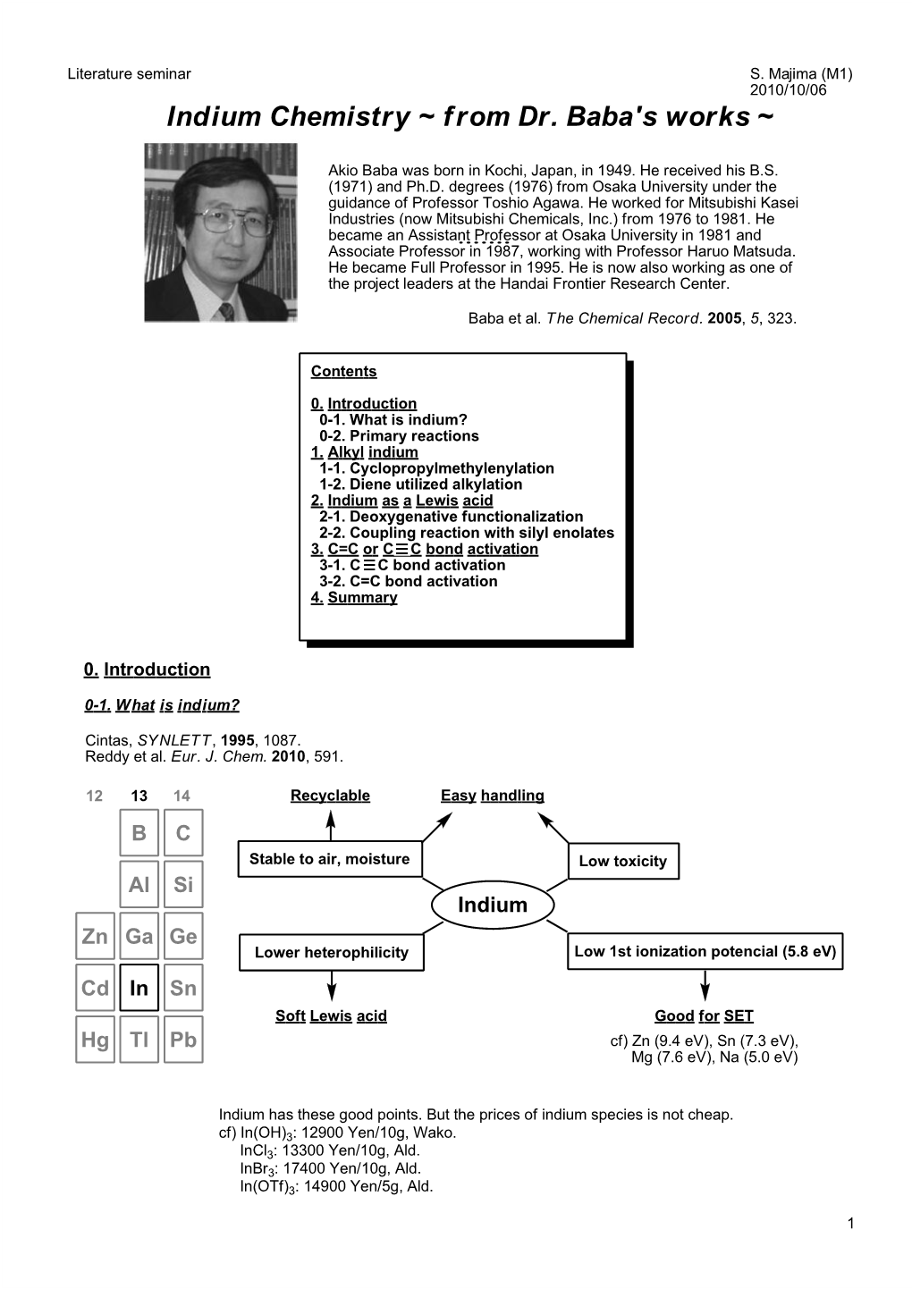 Indium Chemistry ~ from Dr. Baba's Works ~