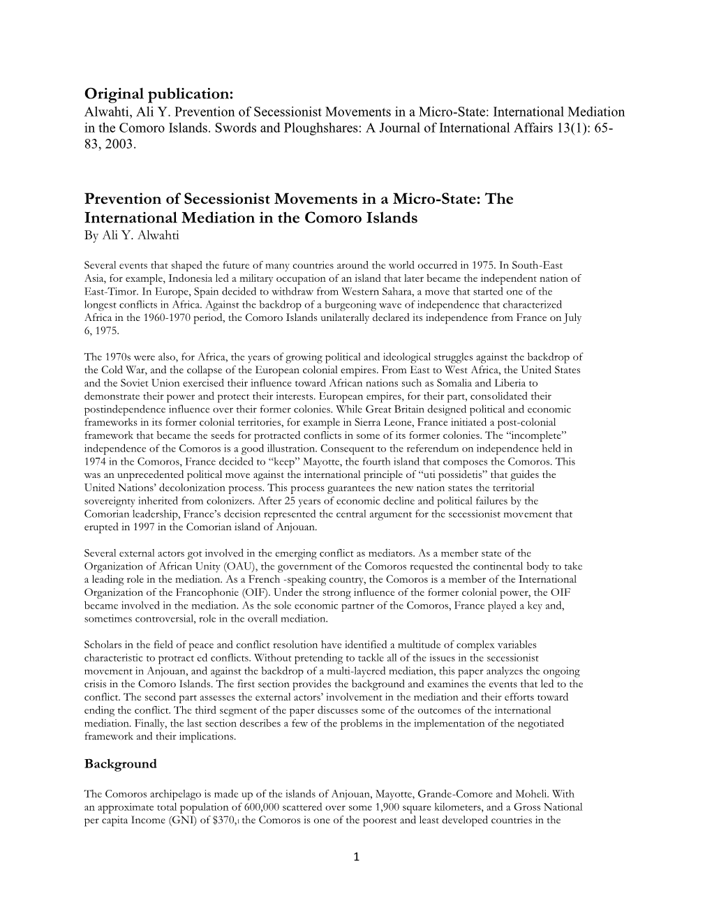 Prevention of Secessionist Movements in a Micro-State: International Mediation in the Comoro Islands