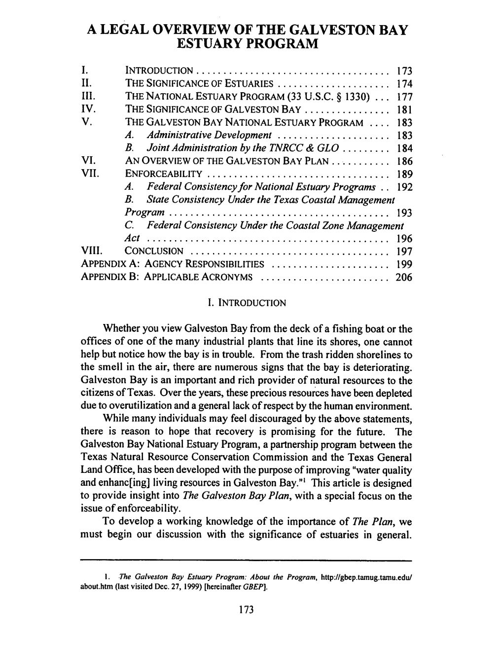 Legal Overview of the Galveston Bay Estuary Program, A