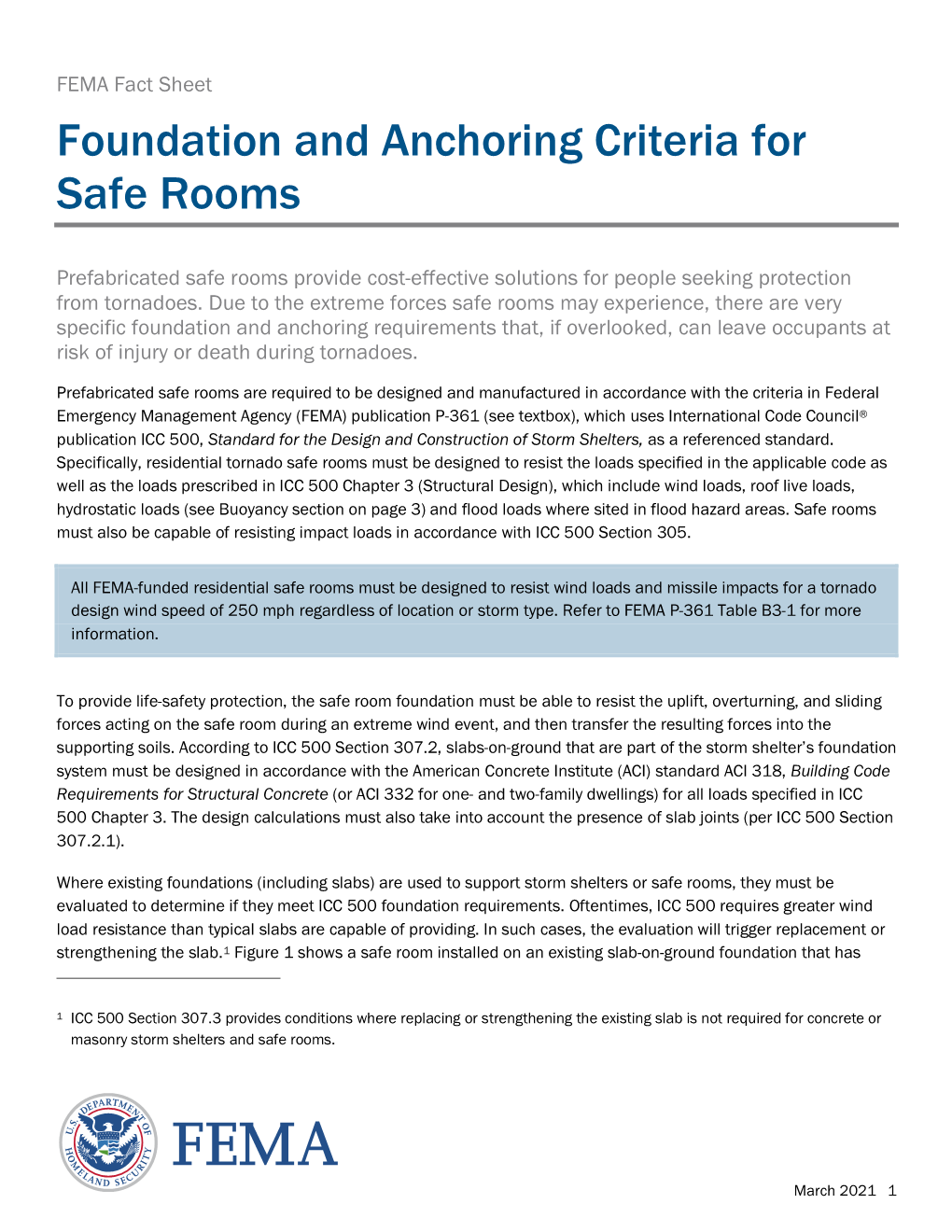 Foundation and Anchoring Criteria for Safe Rooms