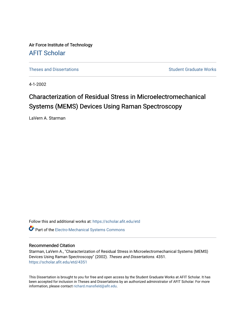 Characterization of Residual Stress in Microelectromechanical Systems (MEMS) Devices Using Raman Spectroscopy