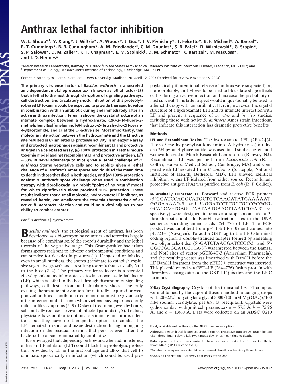 Anthrax Lethal Factor Inhibition