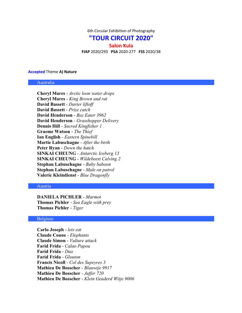 "TOUR CIRCUIT 2020" Salon Kula FIAP 2020/293 PSA 2020-277 FSS 2020/38