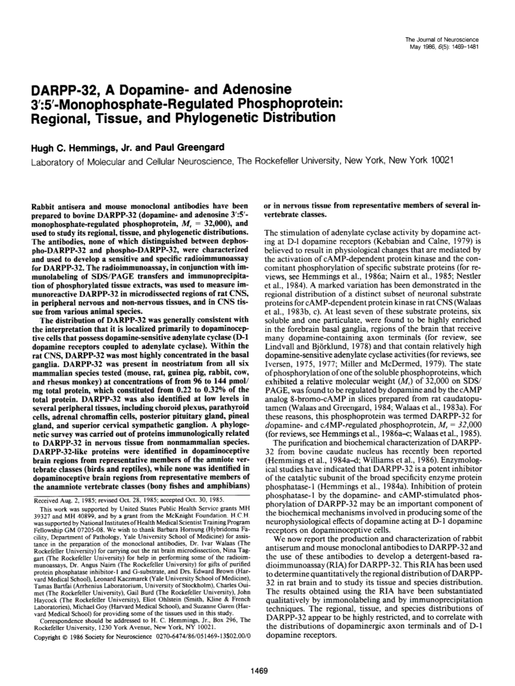 DARPP-32, a Dopamine- and Adenosine 3’5Monophosphate-Regulated Phosphoprotein: Regional, Tissue, and Phylogenetic Distribution