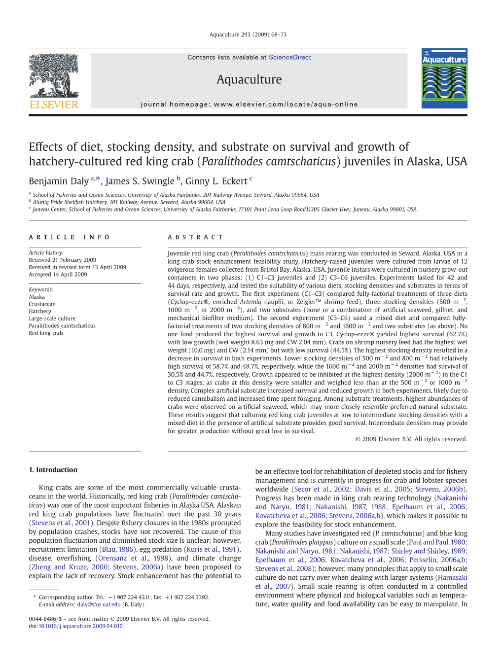 Effects of Diet, Stocking Density, and Substrate on Survival and Growth of Hatchery-Cultured Red King Crab (Paralithodes Camtschaticus) Juveniles in Alaska, USA