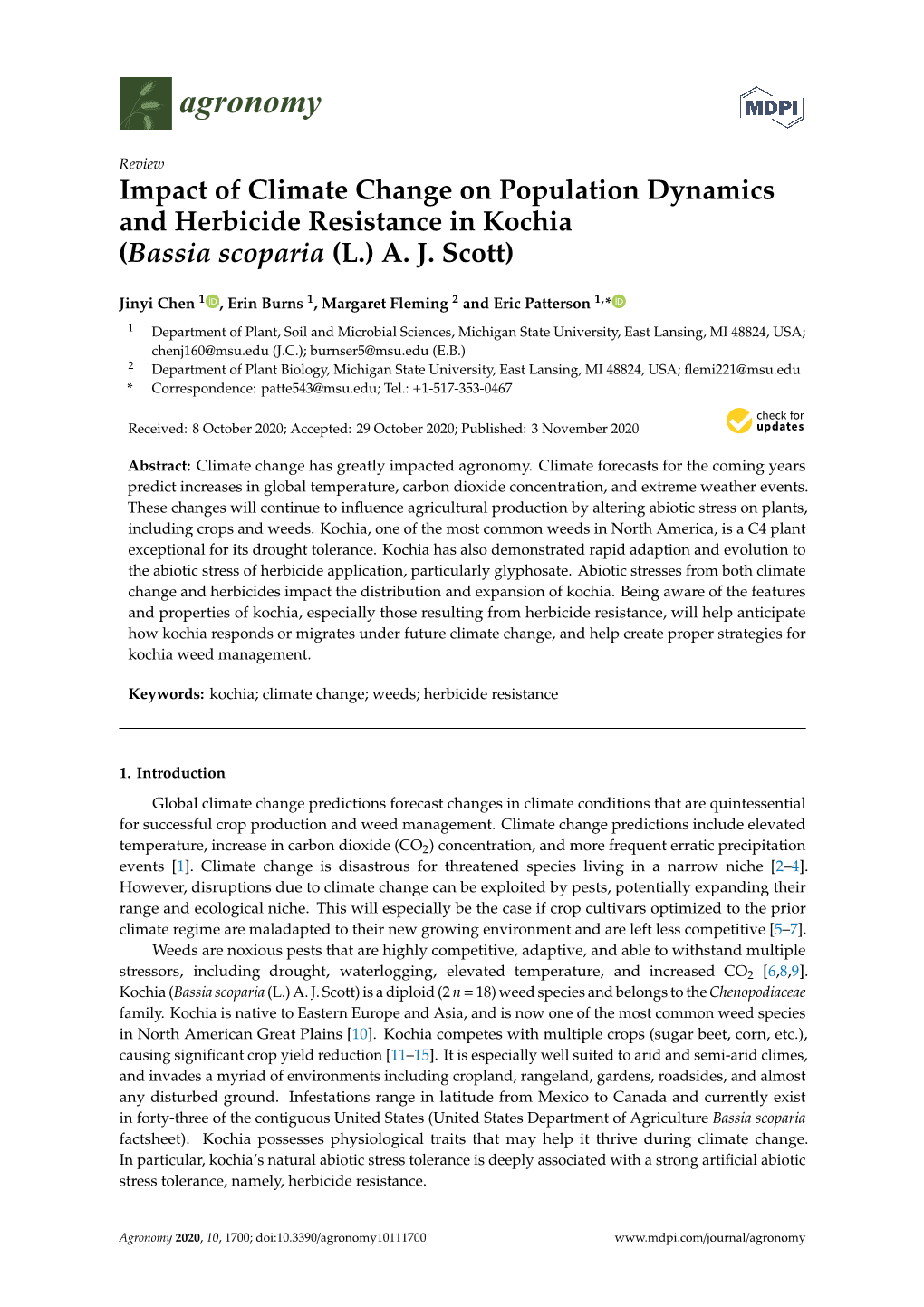 Impact of Climate Change on Population Dynamics and Herbicide Resistance in Kochia (Bassia Scoparia (L.) A