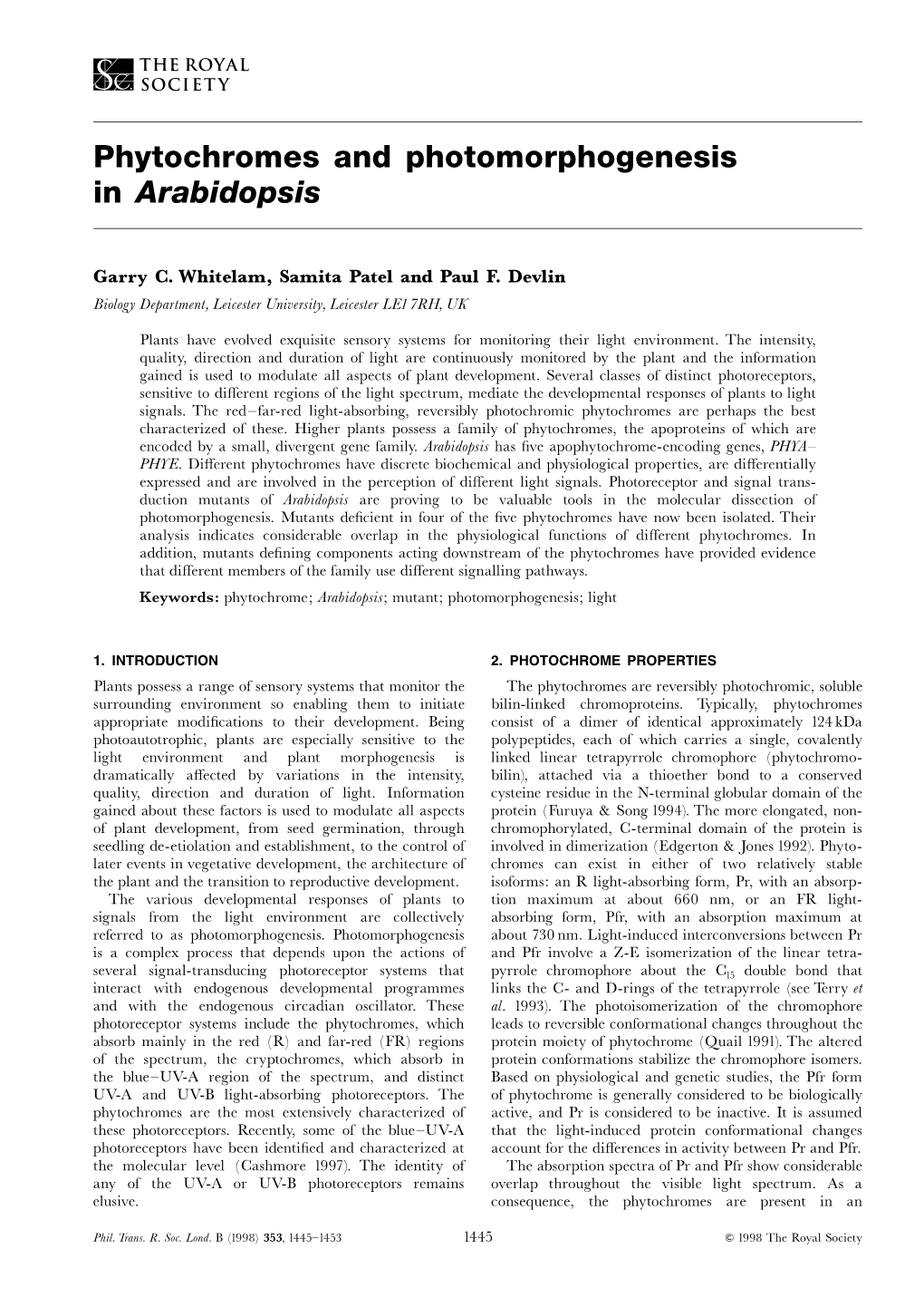 Phytochromes and Photomorphogenesis in Arabidopsis