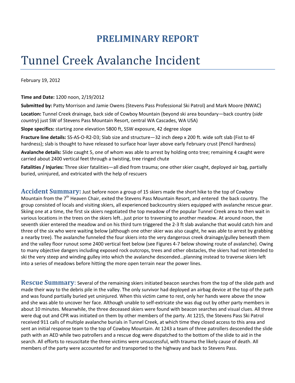 Tunnel Creek Avalanche Incident