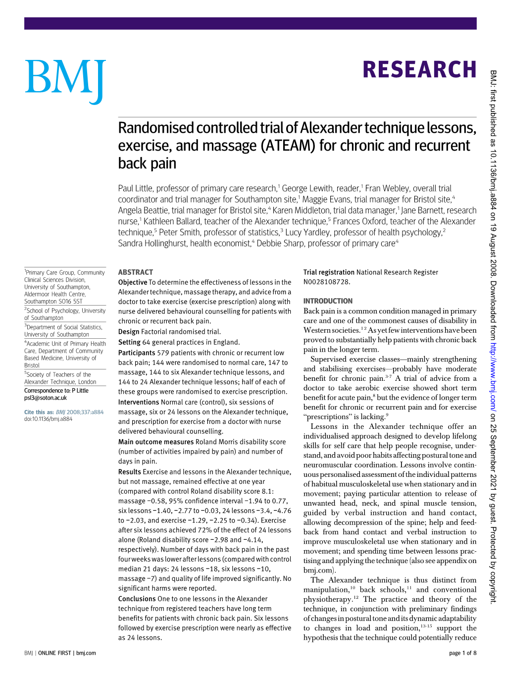 Randomised Controlled Trial of Alexander Technique Lessons, Exercise, and Massage (ATEAM) for Chronic and Recurrent Back Pain