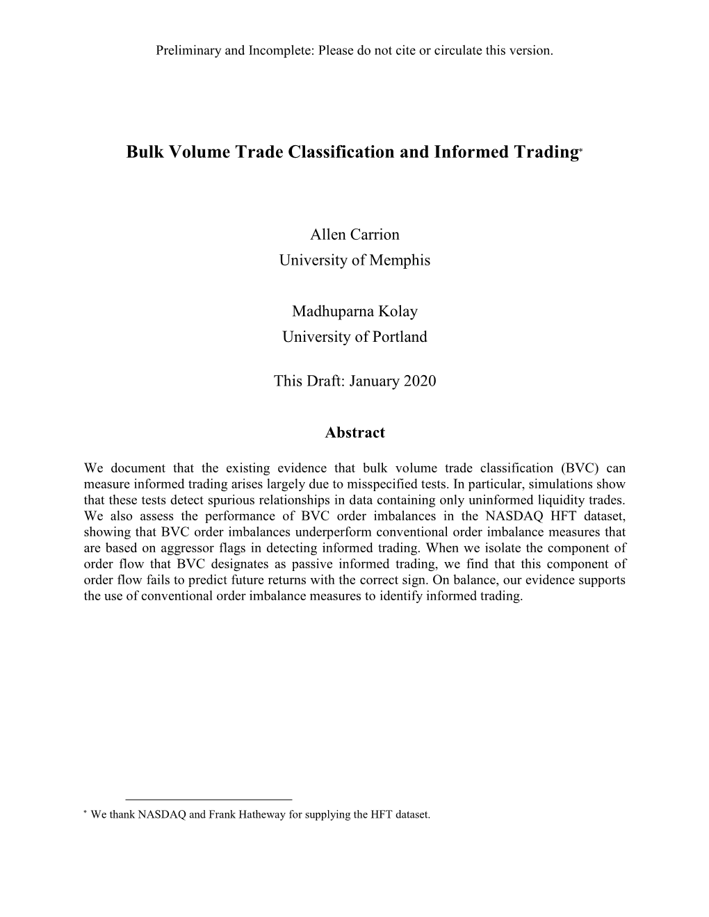 Bulk Volume Trade Classification and Informed Trading*